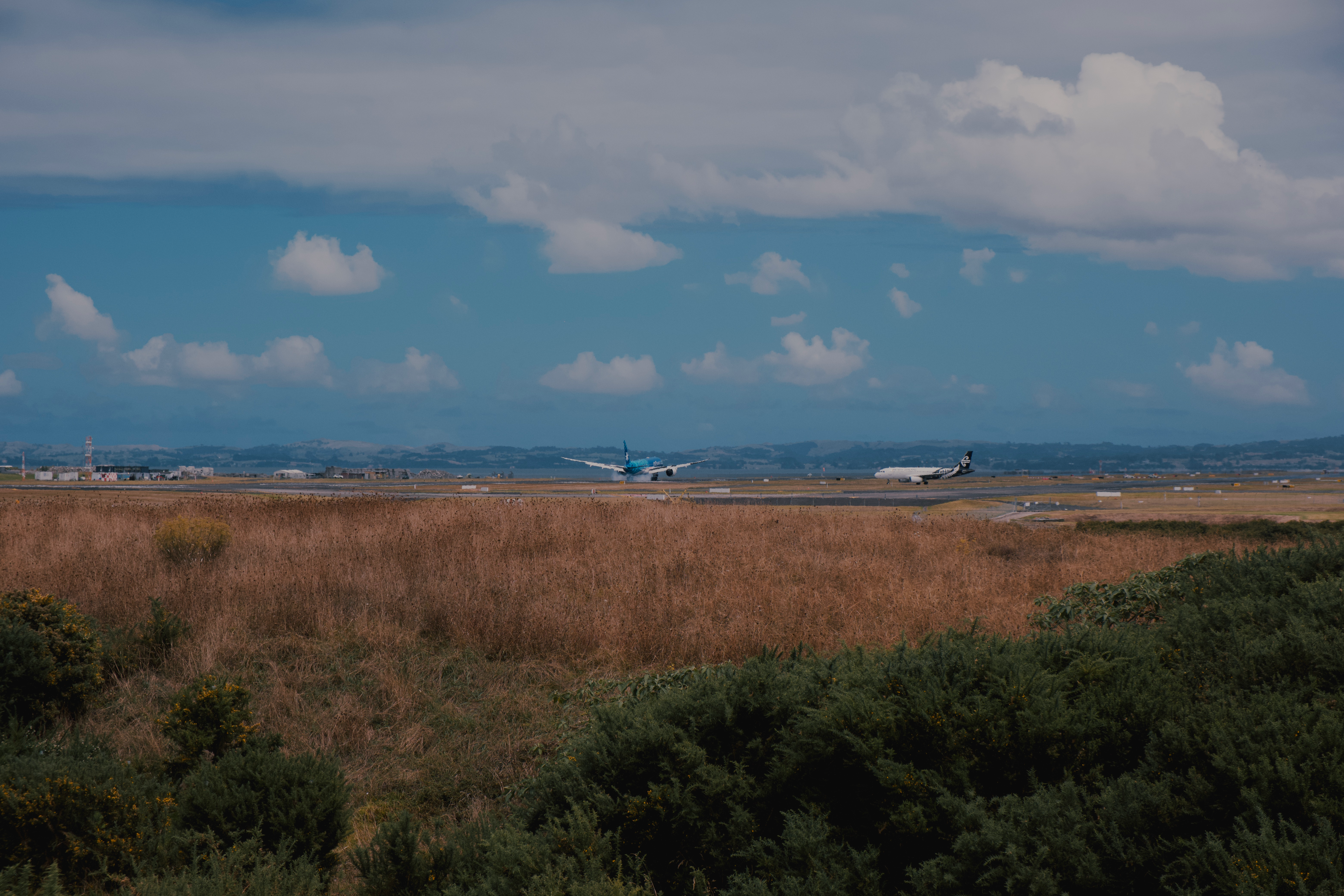 A Boeing 787 in Air Tahiti livery landing in Auckland Airport. Smoke is visible from the tyres as it touches down.